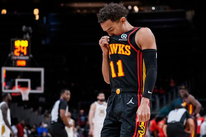 Feb 8, 2022; Atlanta, Georgia, USA; Atlanta Hawks guard Trae Young (11) on the court prior to the game against the Indiana Pacers at State Farm Arena.